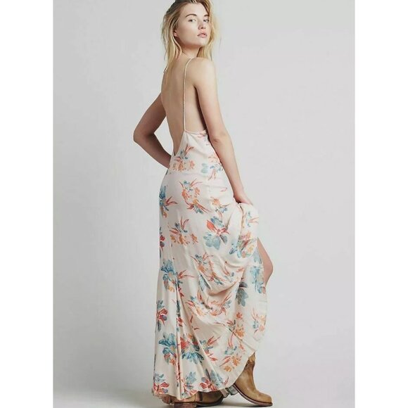 Free People Star Chaser Floral Low Back Flowy Maxi Slip Dress Peach Hibiscus S - Picture 2 of 16